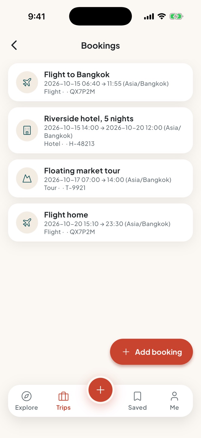 The bookings list: two flights, a five-night riverside hotel and a floating market tour, each with its date and reference