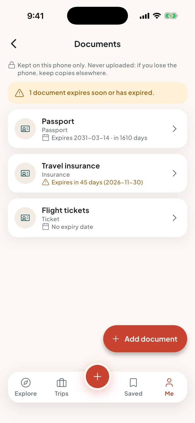 The travel documents screen: a passport, travel insurance with an expiry warning, and flight tickets, kept on this phone